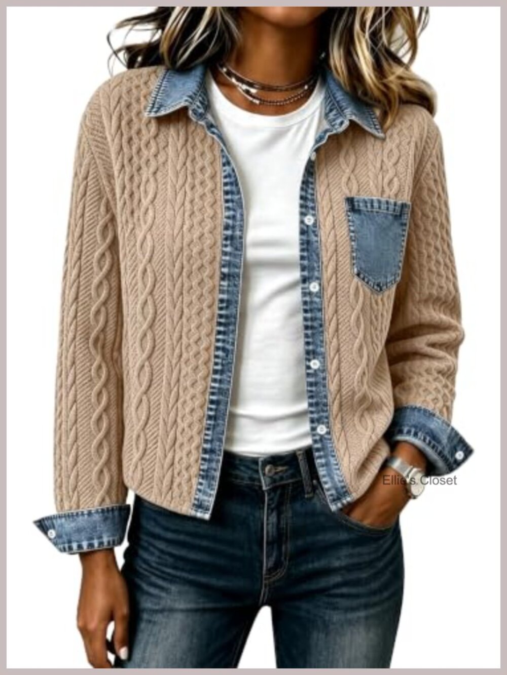 Women's Cropped Denim Jacket with Collar & Button Front - Polyester Spandex